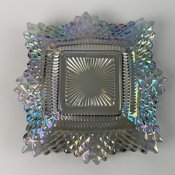 Iridescent Smokey Grey Carnival Glass Square Diamond Design Saw Tooth Edge Dish - Picture 6 of 10